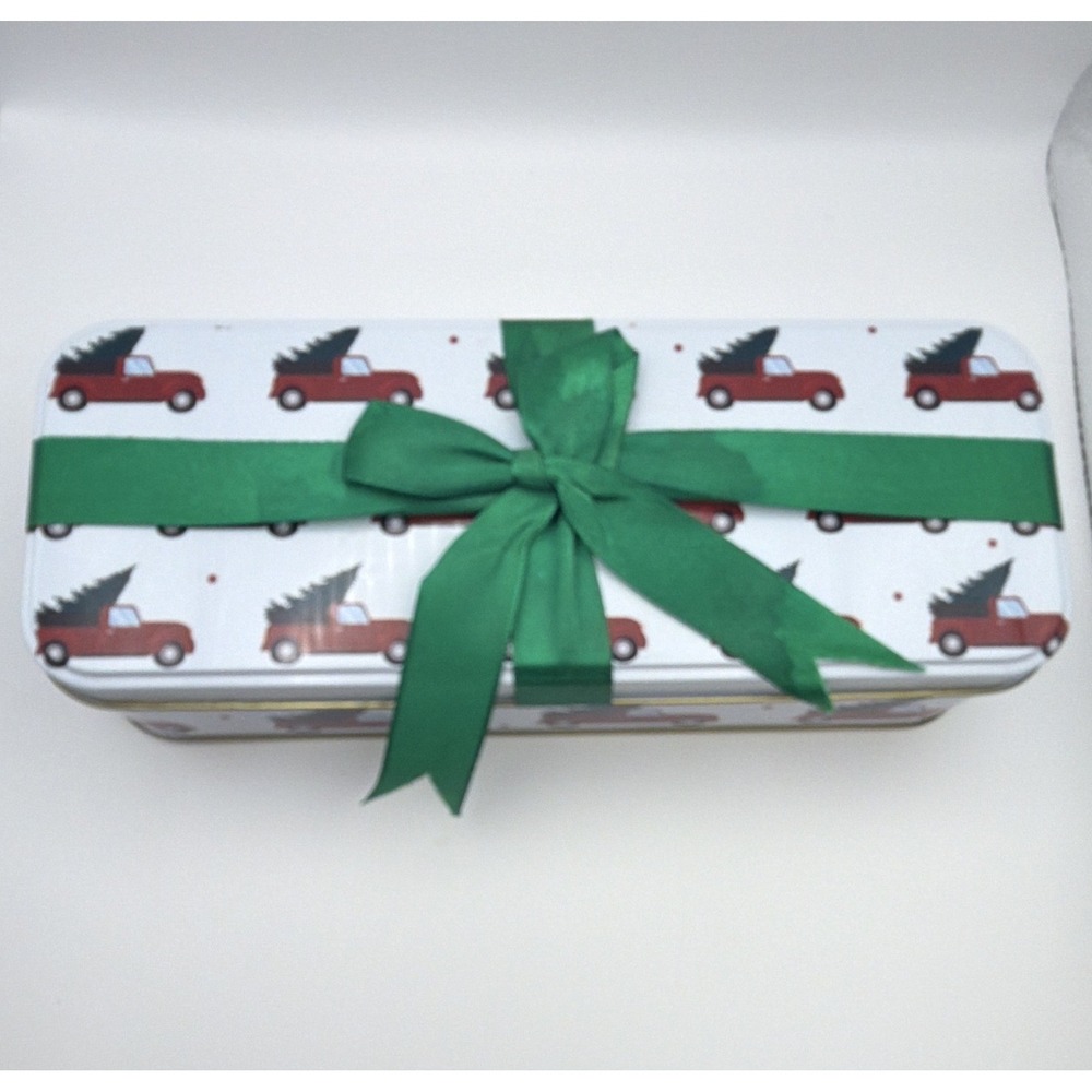 Christmas Red Truck Tree Metal Storage Tin w/ Lid Holiday Gift Cookie Box